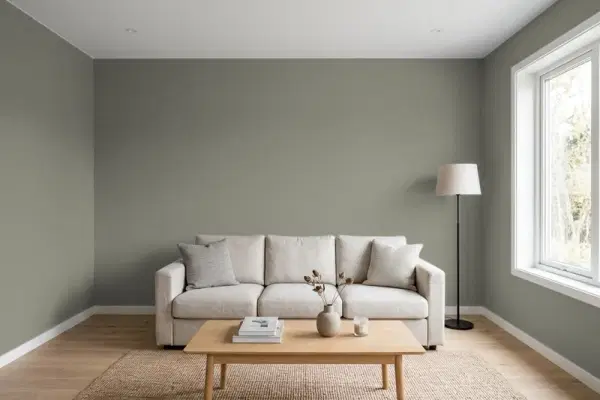 Living room with walls painted Sherwin-Williams Link Gray SW 6200 (simulated)