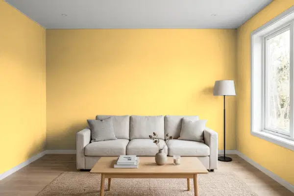 Living room with walls painted Benjamin Moore Lion Heart 306 (simulated)