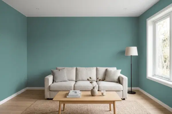 Living room with walls painted Valspar Liquid Jade 5003-6B (simulated)