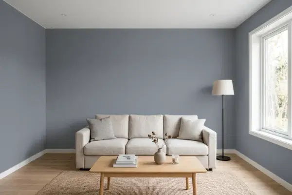 Living room with walls painted Behr Liquid Mercury N510-5 (simulated)