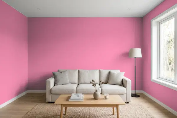 Living room with walls painted Behr Little Bow Pink P130-5 (simulated)