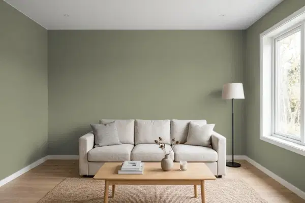 Living room with walls painted Behr Lizard Green PPU10-18 (simulated)