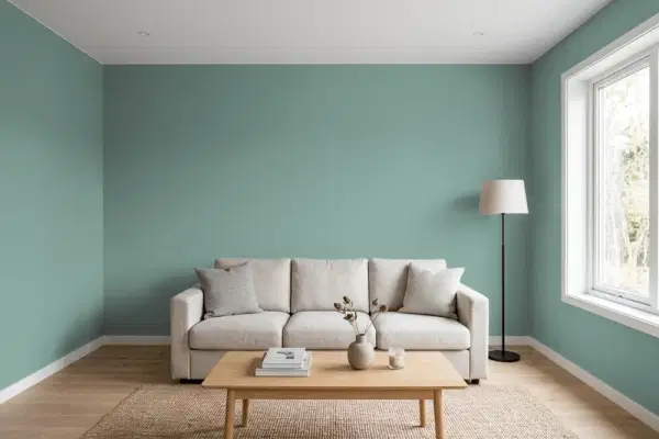 Living room with walls painted Behr Longmeadow S430-5 (simulated)