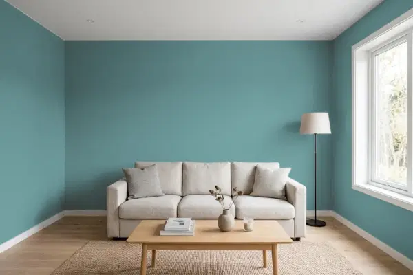 Living room with walls painted Valspar Lost Atlantis 5002-6B (simulated)