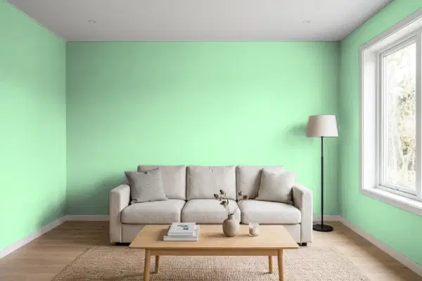 Living room with walls painted Benjamin Moore Lotus Flower 571 (simulated)