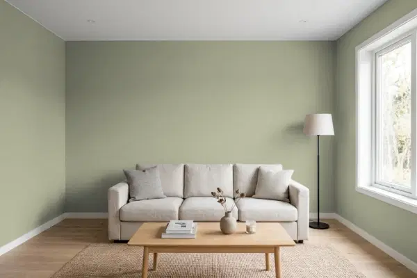 Living room with walls painted Benjamin Moore Louisburg Green HC-113 (simulated)