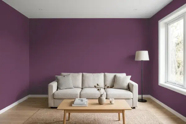 Living room with walls painted PPG Paints Love Potion 1179-7 (simulated)