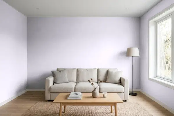 Living room with walls painted Behr Lovely Lavender 650E-2 (simulated)