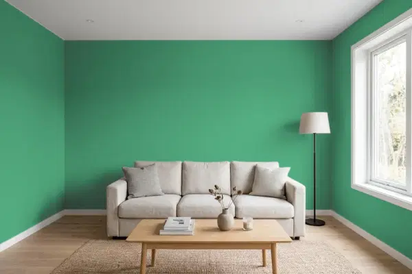 Living room with walls painted Benjamin Moore Luck of the Irish 588 (simulated)