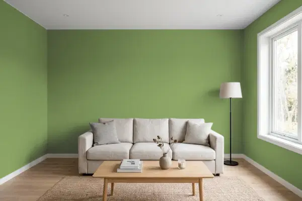 Living room with walls painted Behr Lucky Clover MQ6-52 (simulated)