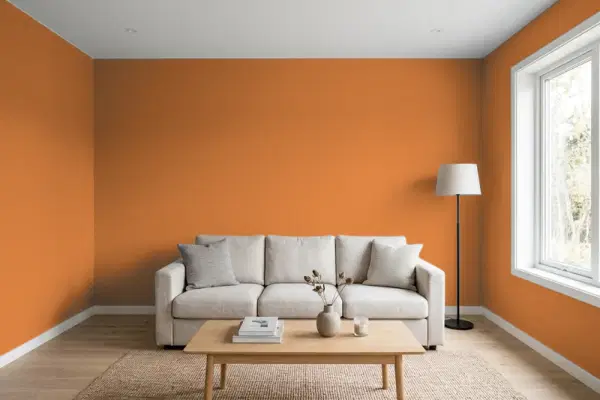 Living room with walls painted PPG Paints Lucky Penny 1201-7 (simulated)