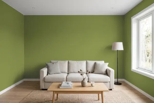 Living room with walls painted PPG Paints Lucky 1118-7 (simulated)