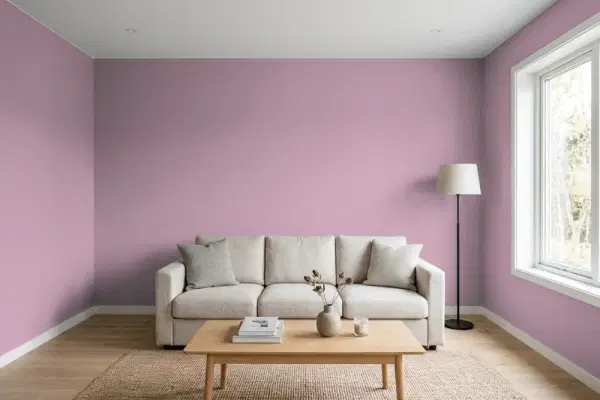 Living room with walls painted PPG Paints Luscious Lilac 18-07 (simulated)