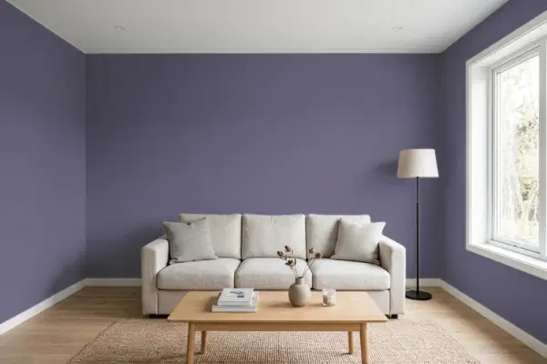 Living room with walls painted Behr Luscious Purple PMD-90 (simulated)