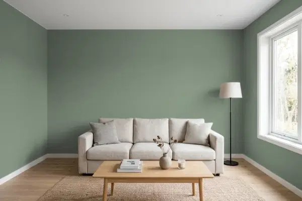 Living room with walls painted Benjamin Moore Lush AF-475 (simulated)