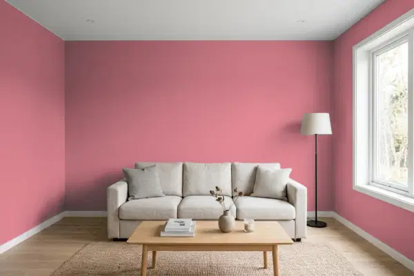 Living room with walls painted PPG Paints Lush Rose 18-30 (simulated)