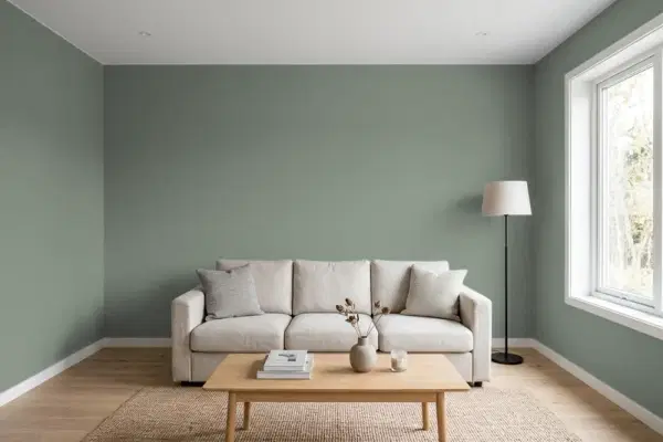 Living room with walls painted Valspar Lush Sage 5003-2B (simulated)