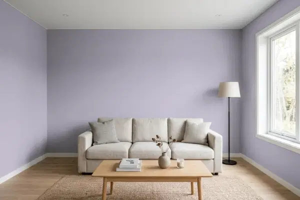 Living room with walls painted Behr Luxe Lilac N560-3 (simulated)