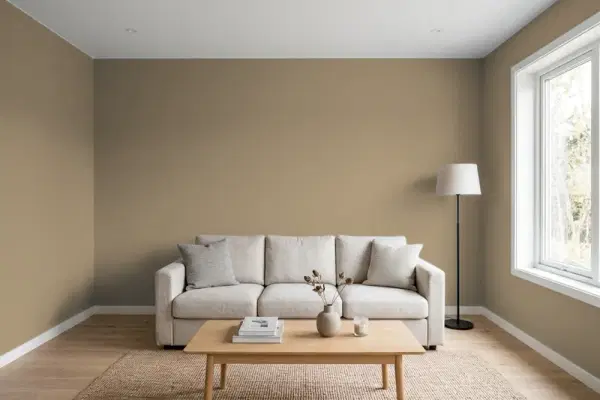 Living room with walls painted Behr Macchiato PPU7-03 (simulated)