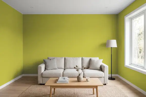 Living room with walls painted PPG Paints Machine Green 1218-6 (simulated)