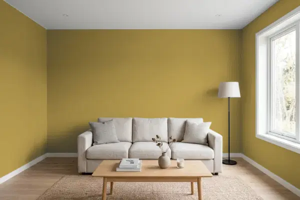 Living room with walls painted Behr Madagascar UL180-3 (simulated)