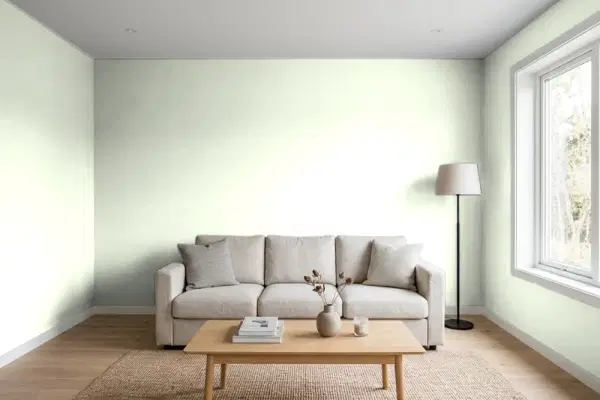 Living room with walls painted Behr Magic Mint P380-1 (simulated)