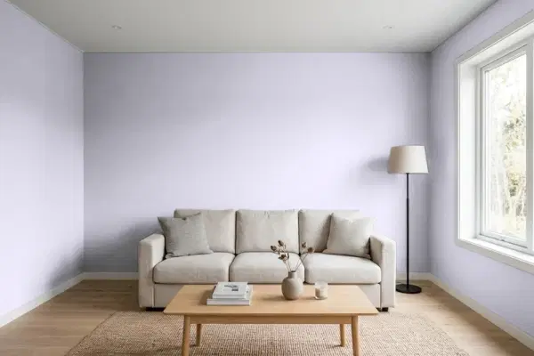 Living room with walls painted Behr Magic Scent S570-2 (simulated)