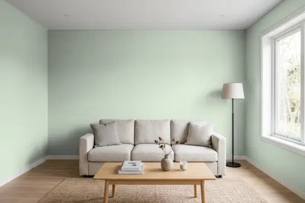 Living room with walls painted Benjamin Moore Maid of the Mist CC-728 (simulated)