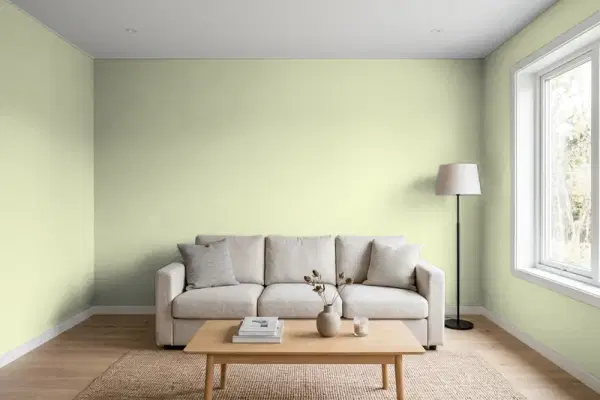 Living room with walls painted Benjamin Moore Maidenhair Fern 500 (simulated)