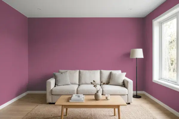 Living room with walls painted Behr Majestic Orchid PPU1-17 (simulated)