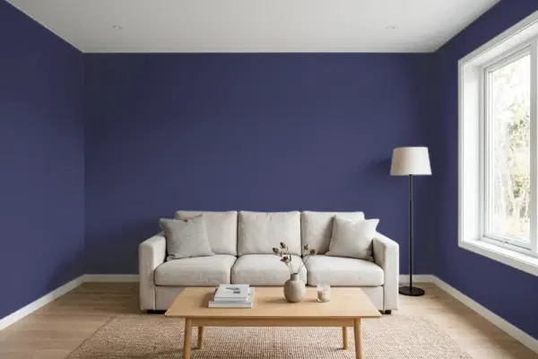 Living room with walls painted Sherwin-Williams Majestic Purple SW 6545 (simulated)