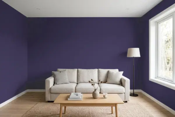 Living room with walls painted Benjamin Moore Majestic Violet 2068-10 (simulated)