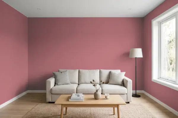 Living room with walls painted PPG Paints Make Mine Mauve 18-22 (simulated)