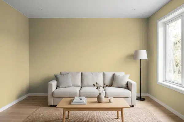 Living room with walls painted Behr Makrut Lime PPU8-08A (simulated)