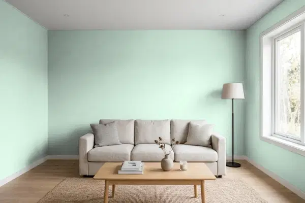 Living room with walls painted PPG Paints Malted Mint 1139-2 (simulated)