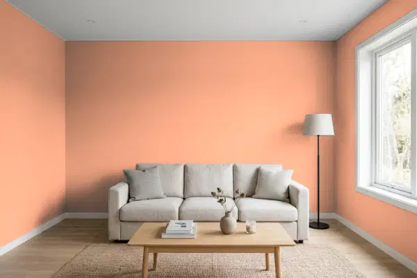 Living room with walls painted Behr Mamey Fruit PPH-22 (simulated)