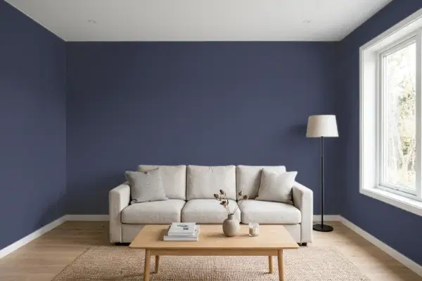 Living room with walls painted Behr Manhattan Blue MQ5-09 (simulated)