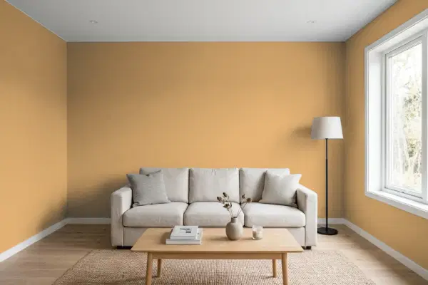 Living room with walls painted Sherwin-Williams Mannered Gold SW 6130 (simulated)