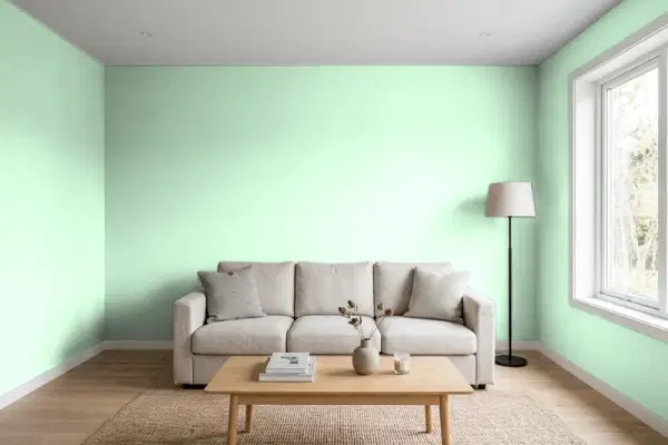 Living room with walls painted Benjamin Moore Mantis Green 2033-60 (simulated)