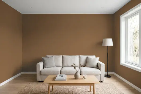 Living room with walls painted PPG Paints Maple Syrup 1084-7 (simulated)