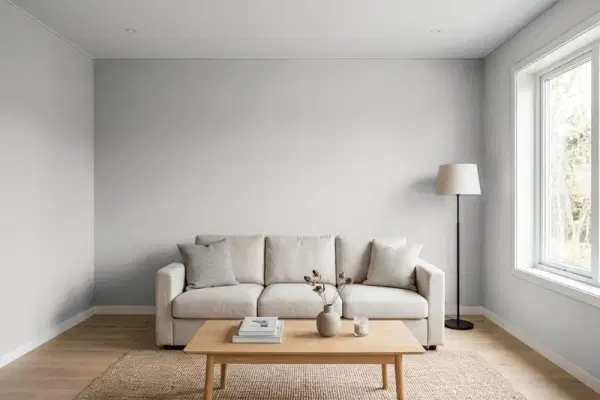 Living room with walls painted Sherwin-Williams March Wind SW 7668 (simulated)