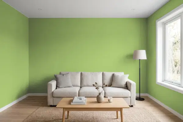 Living room with walls painted Valspar Mardi Gras Green 6002-6B (simulated)