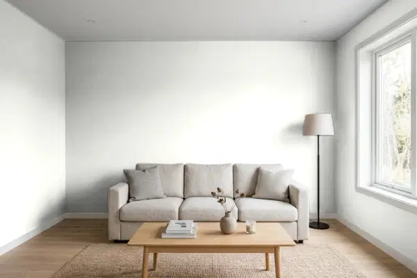 Living room with walls painted Behr Maritime White BXC-89 (simulated)
