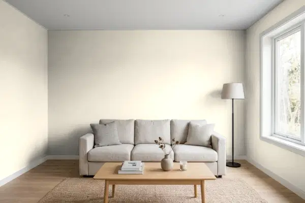 Living room with walls painted Benjamin Moore Maritime White OC-5 (simulated)