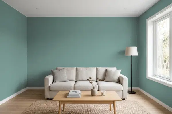 Living room with walls painted Behr Marsh Creek 480F-5 (simulated)