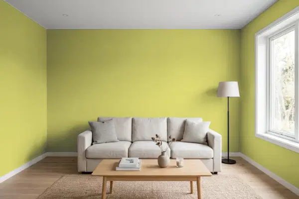 Living room with walls painted Benjamin Moore Martini Olive CSP-890 (simulated)