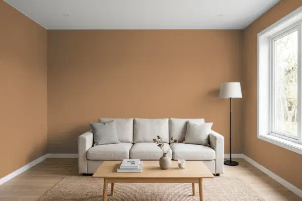 Living room with walls painted Benjamin Moore Maryville Brown HC-75 (simulated)