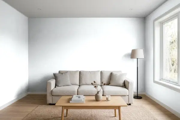 Living room with walls painted Behr Maui Mist BL-W10 (simulated)