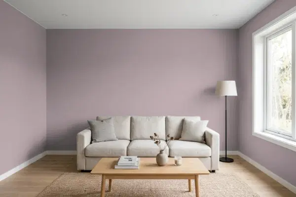 Living room with walls painted Benjamin Moore Mauve Blush 2115-40 (simulated)