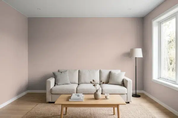 Living room with walls painted Behr Mauvelous BNC-12 (simulated)